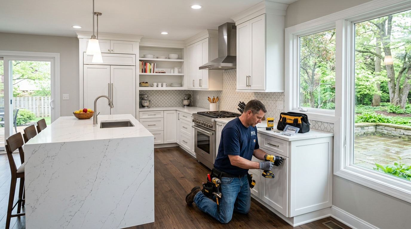 Modern kitchen cabinet hardware installation - Center Grove Indiana home - Nick's Handyman Service